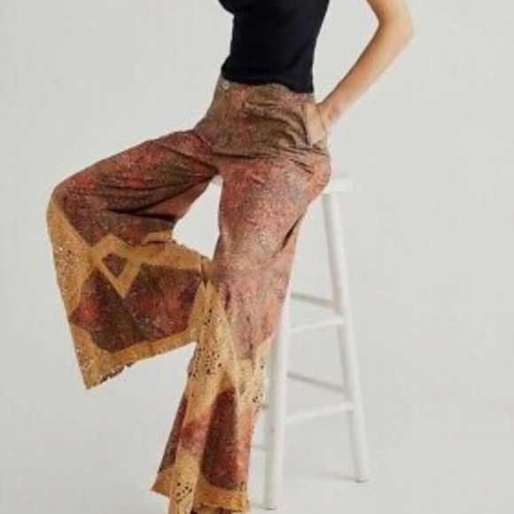 Free People Crochet Piecing Boho Billowy Wide Legged Pants  Size 2 - Picture 1 of 10
